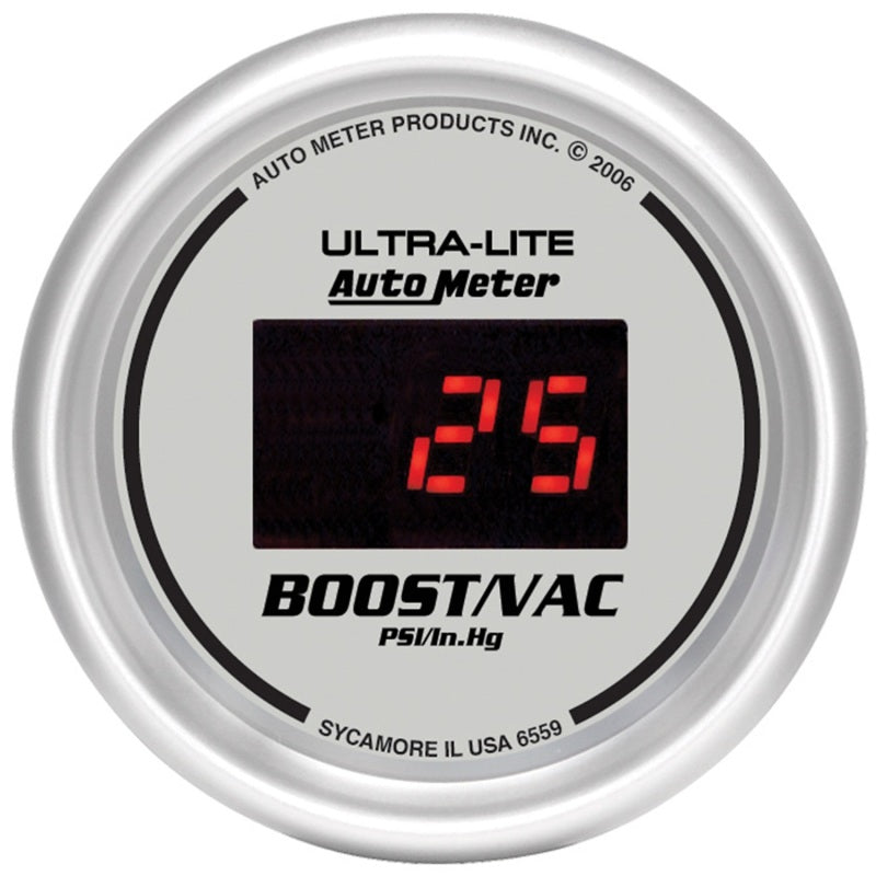 Autometer Ultra-Lite 2-1/16in 30INHG-30PSI Digital Silver Dial Vacuum/Boost Gauge w/ Red Led Gauges AutoMeter