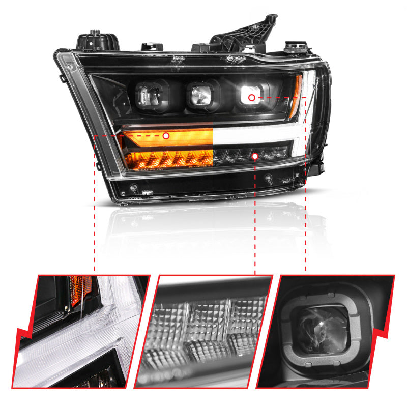 ANZO 19-24 RAM 1500 (New Body/OE Halogen) Full LED Proj Headlights DRL/SeqSig Black - Driver Side Headlights ANZO