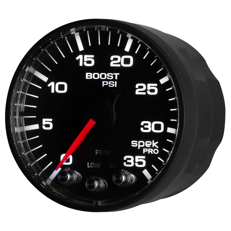 Autometer Spek-Pro Gauge Boost 2 1/16in 35psi Stepper Motor W/Peak & Warn Black/Black Gauges AutoMeter