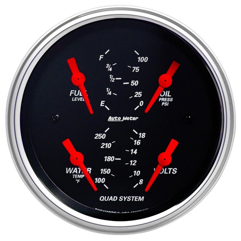 Autometer Designer Black 3-3/8in Quad Gauge - Fuel Level/Oil Pressure/Water Temperature/Voltmeter Gauges AutoMeter