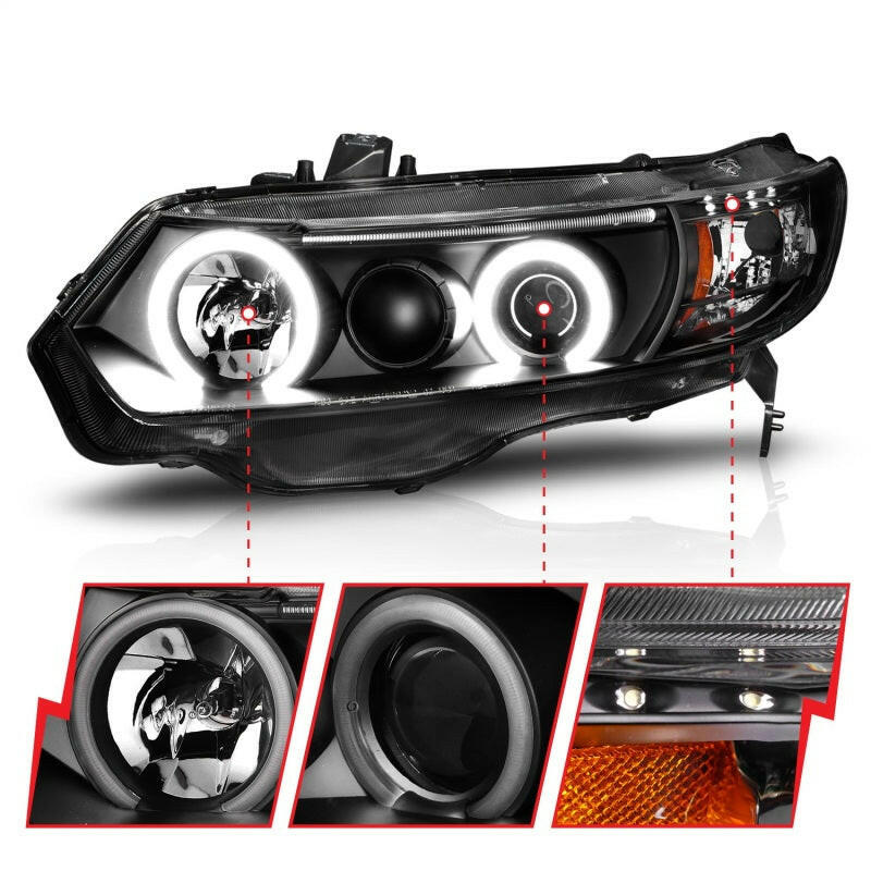 ANZO 2006-2011 Honda Civic Projector Headlights w/ Halo Black (CCFL) Headlights ANZO
