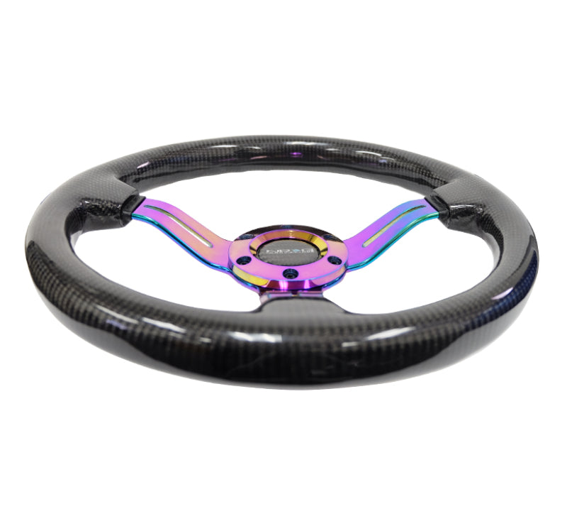 NRG Carbon Fiber Steering Wheel (350mm / 1.5in. Deep) Neochrome 3-Spoke Design w/Slit Cuts Steering Wheels NRG