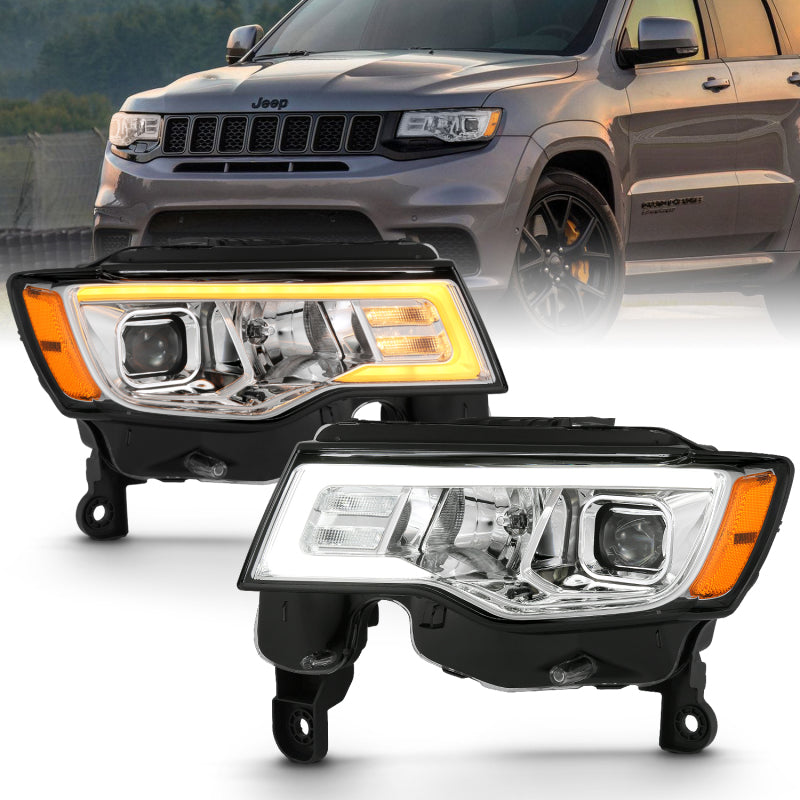 ANZO 2017-2018 Jeep Grand Cherokee Projector Headlights w/ Plank Style Switchback - Chrome w/ Amber Headlights ANZO