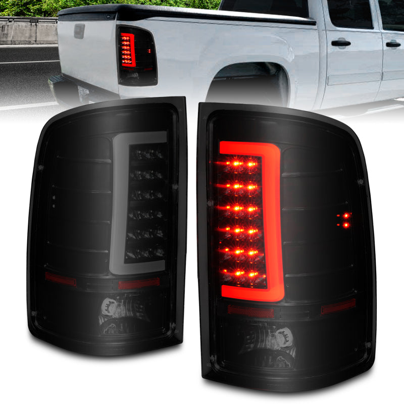 ANZO 2007-2013 GMC Sierra LED Tail Lights w/ Light Bar Black Housing Smoke Lens Tail Lights ANZO