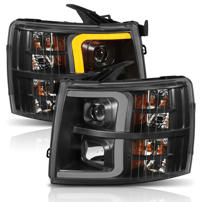 ANZO 07-13 Chevrolet Silverado 1500 Plank Style Projector Headlights Black w/ Amber Headlights ANZO