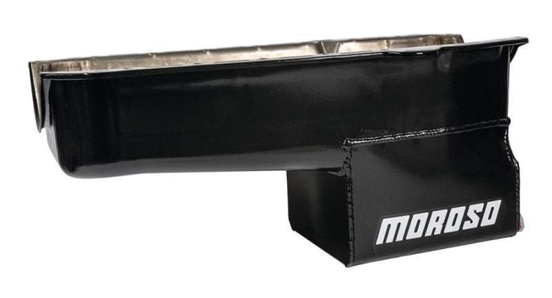 Moroso 80-85 Chevrolet SBC (w/Passenger Side Dipstick) Wet Sump 7qt 9.5in Steel Oil Pan - Black Oil Pans Moroso