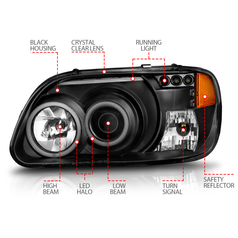 ANZO 1995-2001 Ford Explorer Projector Headlights w/ Halo Black 1 pc Headlights ANZO