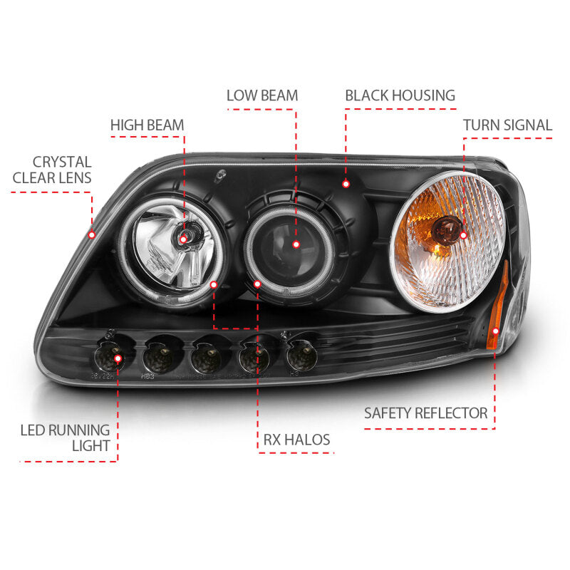 ANZO 1997-2003 Ford F-150 Projector Headlights w/ Halo Black (CCFL) Headlights ANZO