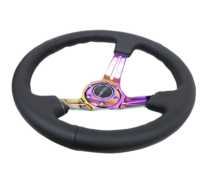 NRG Reinforced Steering Wheel (350mm / 3in. Deep) Blk Leather/Blk Stitch w/Neochrome Slits Steering Wheels NRG