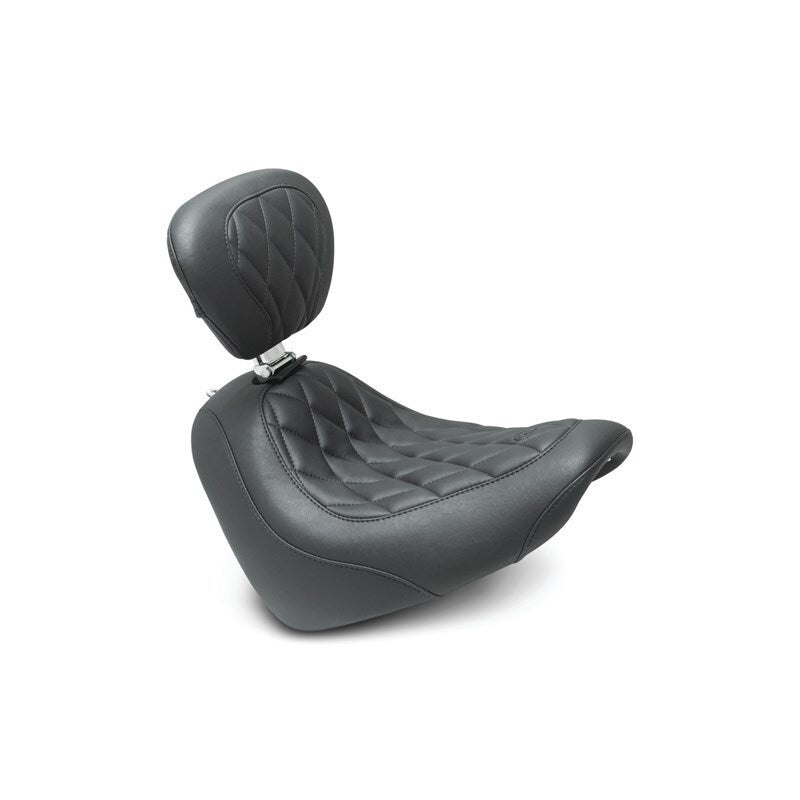 Mustang 18-21 Harley Fat Bob Wide Tripper Solo Seat w/Driver Backrest Diamond Stitch - Black Solo Motorcycle Seats Mustang Motorcycle