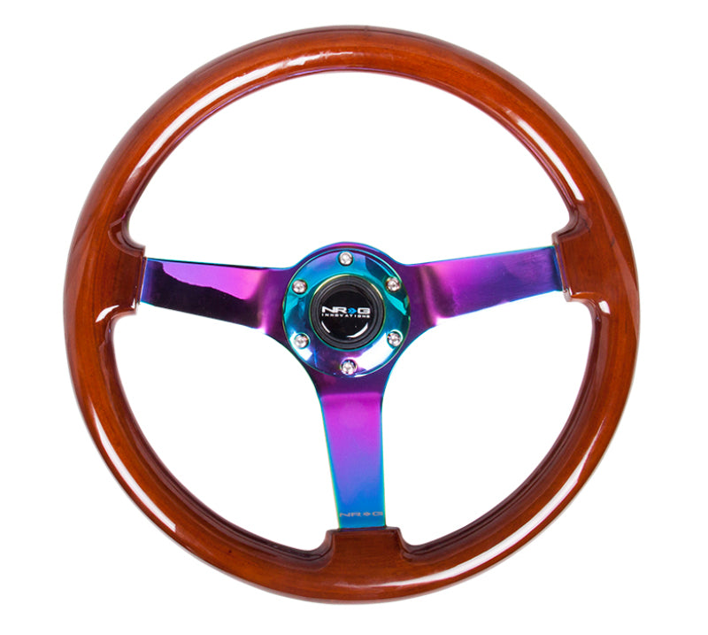 NRG Reinforced Steering Wheel (350mm / 3in. Deep) Classic Dark Wood w/4mm Neochrome Solid 3-Spoke Steering Wheels NRG