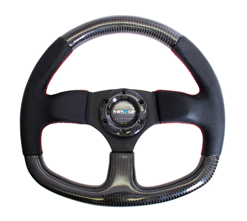 NRG Carbon Fiber Steering Wheel (320mm) Flat Bottom & Leather Trim w/Red Stitching Steering Wheels NRG