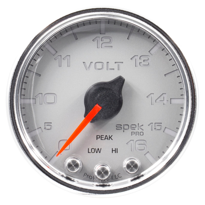 Autometer Spek-Pro Gauge Voltmeter 2 1/16in 16V Stepper Motor W/Peak & Warn Slvr/Chrm Gauges AutoMeter