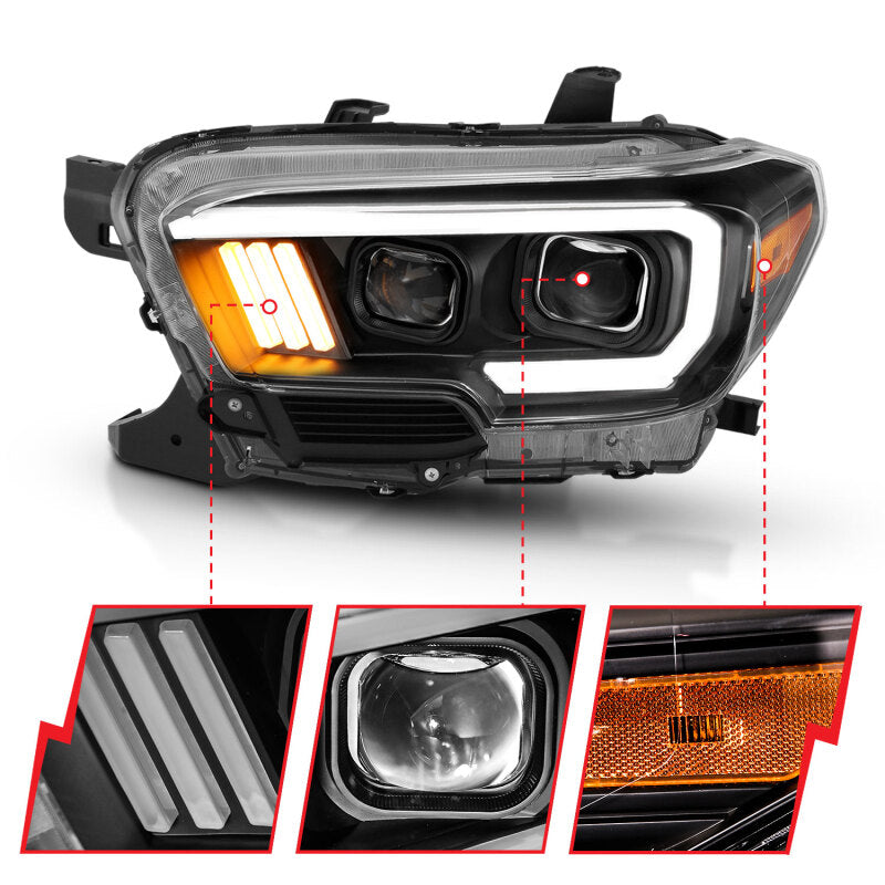 ANZO 2016-2017 Toyota Tacoma Projector Headlights w/ Plank Style Design Black/Amber w/ DRL Headlights ANZO