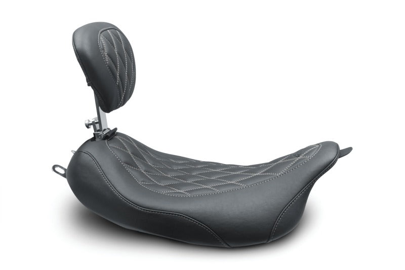 Mustang 08-21 Harley Wide Tripper FL Touring Pass Seat w/ Dr Backrest, Grey Diamond Stitch - Black Solo Motorcycle Seats Mustang Motorcycle