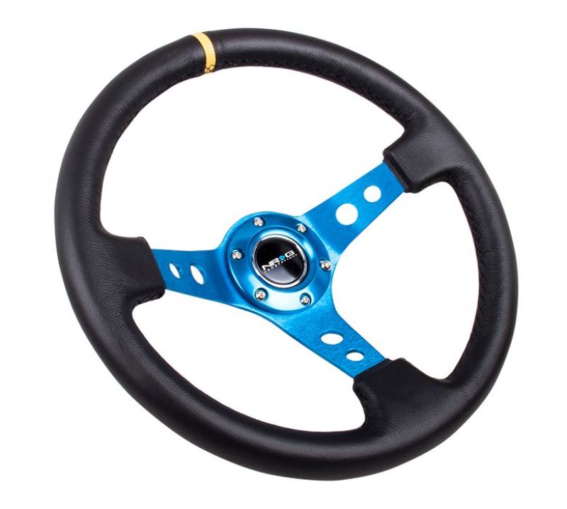 NRG Reinforced Steering Wheel (350mm / 3in. Deep) Blk Leather w/Blue Circle Cutout Spokes Steering Wheels NRG