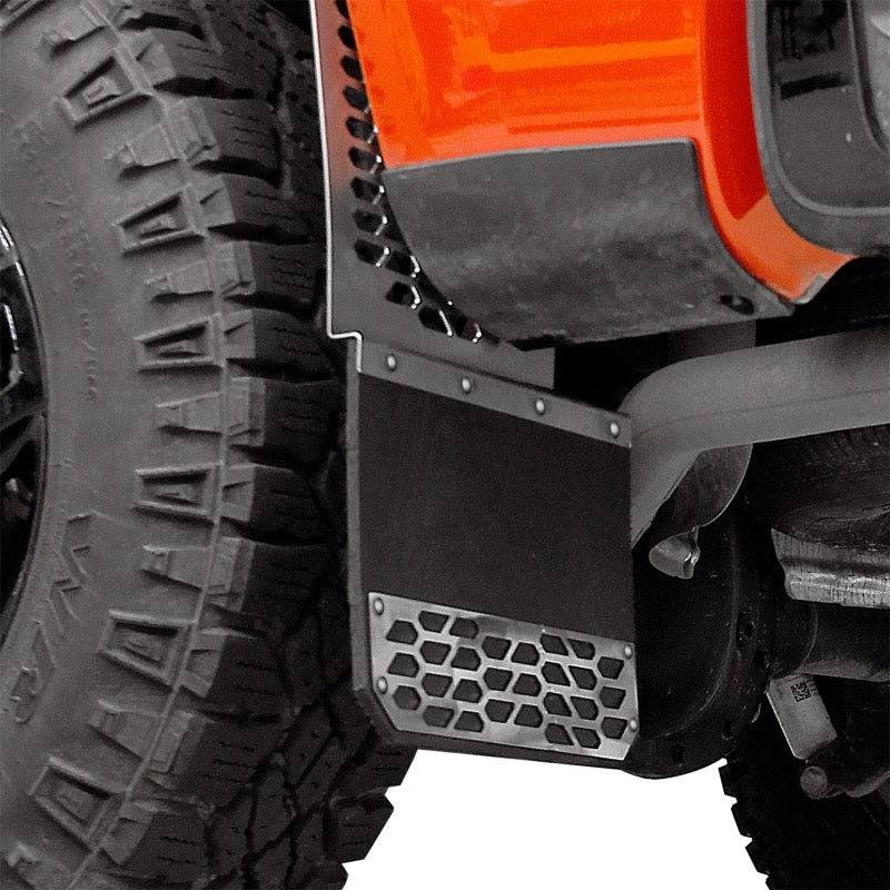 Putco 17-20 Ford SuperDuty Dually - (Fits Rear) - Set of 2 Mud Skins - Brushed SS w/ Hex Shield Mud Flaps Putco