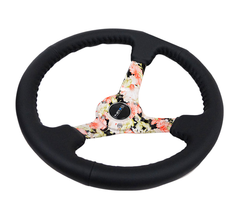 NRG Reinforced Steering Wheel (350mm / 3in. Deep) Blk Leather Floral Dipped w/ Blk Baseball Stitch Steering Wheels NRG
