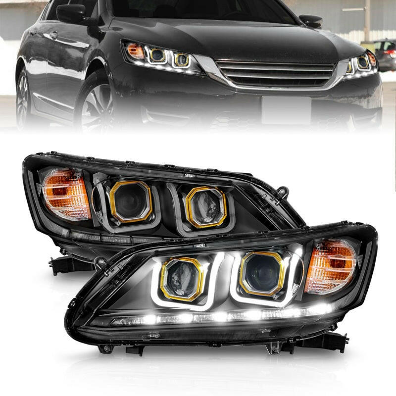 ANZO 2013-2015 Honda Accord (4dr ONLY) Projector Headlights w/ U-Bar Black Headlights ANZO