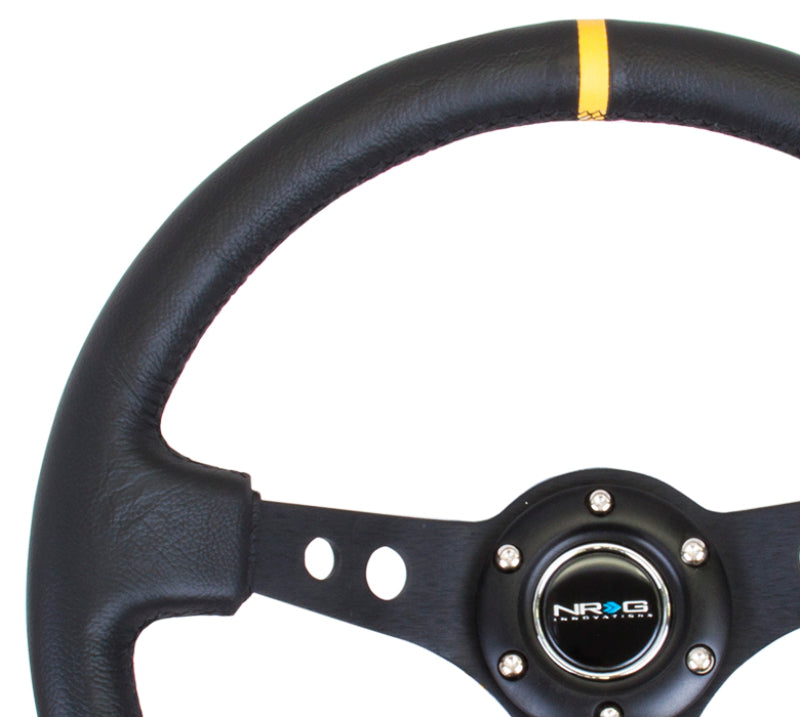 NRG Reinforced Steering Wheel (350mm / 3in. Deep) Blk Leather w/Blk Cutout Spoke/Yellow Center Mark Steering Wheels NRG