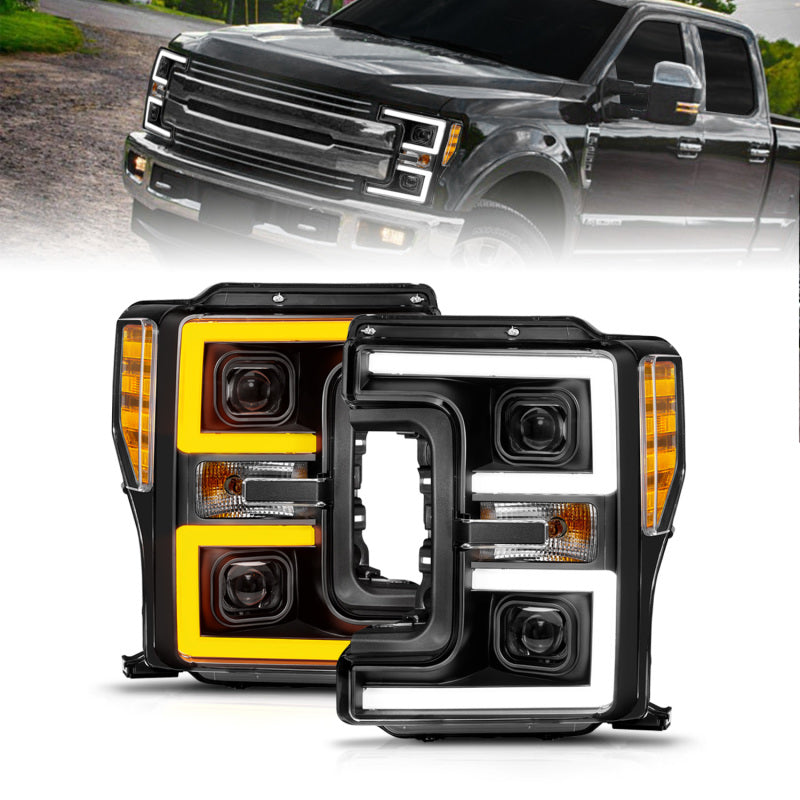 ANZO 17-19 Ford F-250/350/450 SD (w/o Factory LED) LED Proj Headlights w/Light Bar Switchback Blk Headlights ANZO