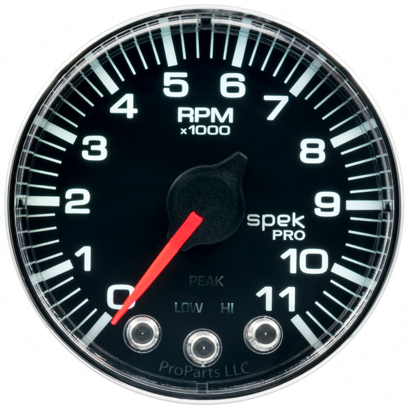 Autometer Spek-Pro Gauge Tach 2 1/16in 11K Rpm W/ Shift Light & Peak Mem Blk/Chrm Gauges AutoMeter
