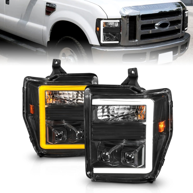 ANZO 08-10 Ford F-250 - F-550 Super Duty Projector Headlights w/ Light Bar Switchback Black Housing Headlights ANZO