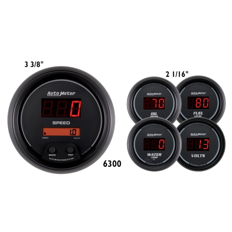 AutoMeter Gauge Kit 5 Pc. 3-3/8in. & 2-1/16in. Elec Speedo Digital Black Dial W/ Red Led Gauges AutoMeter