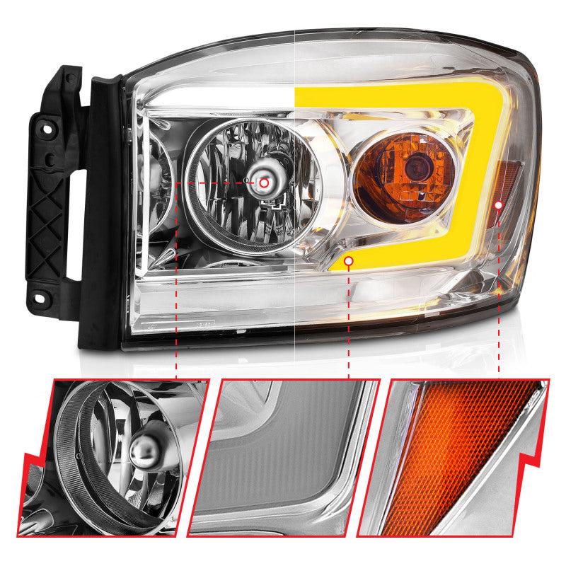 ANZO 06-09 Dodge RAM 1500/2500/3500 Headlights Chrome Housing/Clear Lens (w/Switchback Light Bars) Headlights ANZO