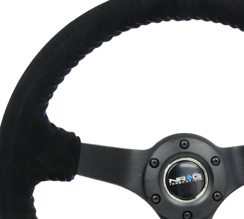 NRG Reinforced Steering Wheel (350mm / 3in. Deep) Blk Suede/Blue BBall Stitch w/5mm Matte Blk Spokes Steering Wheels NRG