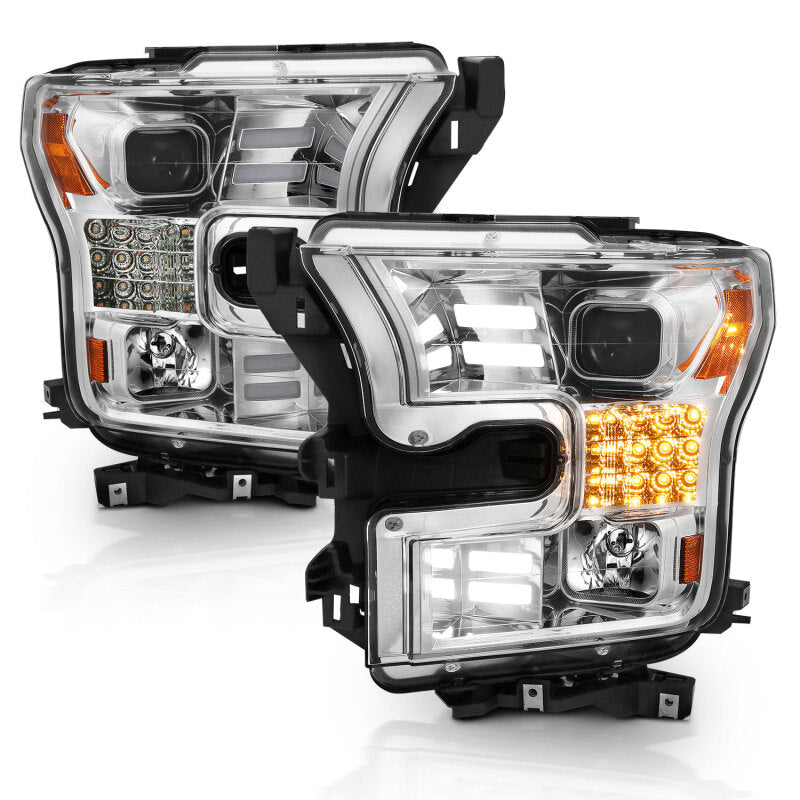 ANZO 15-17 Ford F-150 Proj Headlights w/ Plank Style Design Chrome w/ Amber Sequential Turn Signal Headlights ANZO