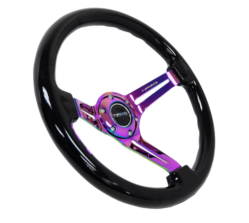 NRG Reinforced Steering Wheel (350mm / 3in. Deep) Blk Wood w/Blk Matte Spoke/Neochrome Center Mark Steering Wheels NRG