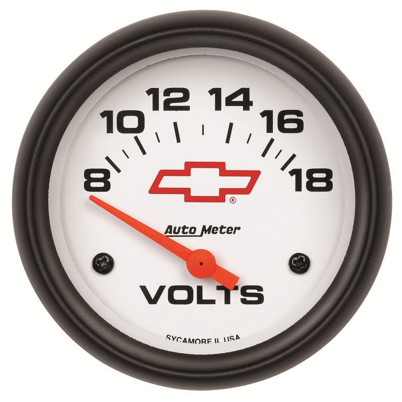 AutoMeter Gauge Voltmeter 2-5/8in. 18V Electric Chevy Red Bowtie White Gauges AutoMeter