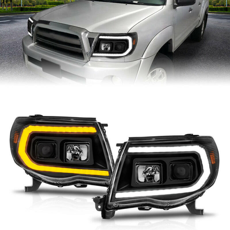 ANZO 05-11 Toyota Tacoma Projector Headlights w/Light Bar Switchback Black Housing Headlights ANZO