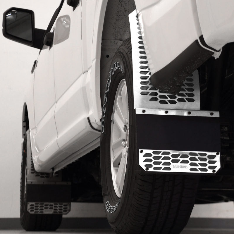 Putco 17-20 Ford SuperDuty - Set of 2 (Excl Dually Rear) Mud Skins - Polished SS w/ Hex Shield Mud Flaps Putco