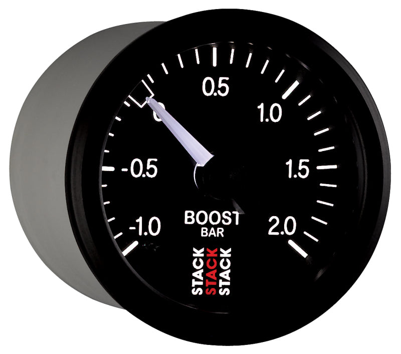 Autometer Stack 52mm -1 to +2 Bar T-Fitting 0.187in Barb (M) Mechanical Boost Pressure Gauge - Black Gauges AutoMeter