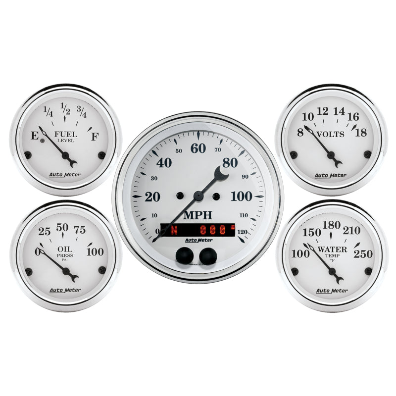 Auto Meter Speedometer 3-3/8in and 2-1/16in 5 Piece Old Tyme White Gauge Kit Gauges AutoMeter