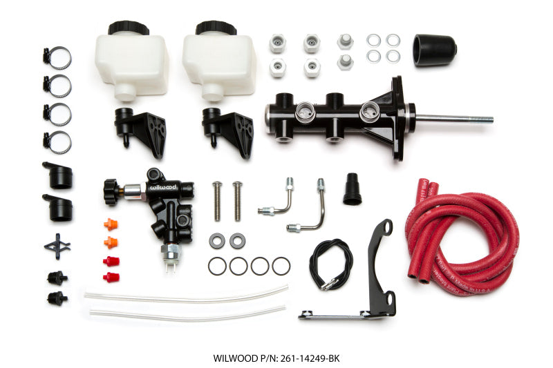 Wilwood Tandem Remote M/C Kit w L/H Bracket & Prop Valve - 7/8in Bore Black-W/Pushrod Brake Master Cylinder Wilwood