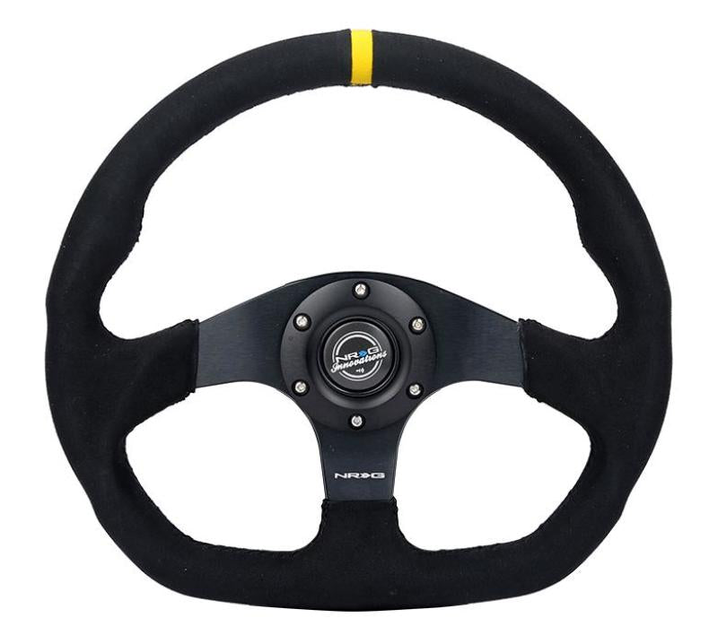 NRG Reinforced Steering Wheel (320mm) Sport Alcantara Dual Push Buttons Flat Bottom w/Yellow Center Steering Wheels NRG