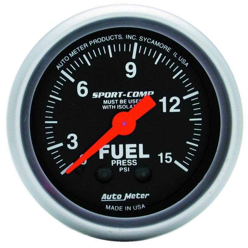 AutoMeter Gauge Fuel Pressure 2-1/16in. 15PSI Mechanical W/Isolator Sport-Comp Gauges AutoMeter