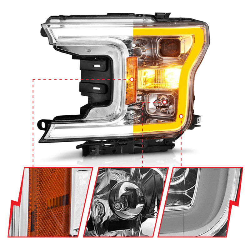ANZO 2018-2020 Ford F-150 Projector Headlight w/Plank Style Switchback Chrome Housing Headlights ANZO