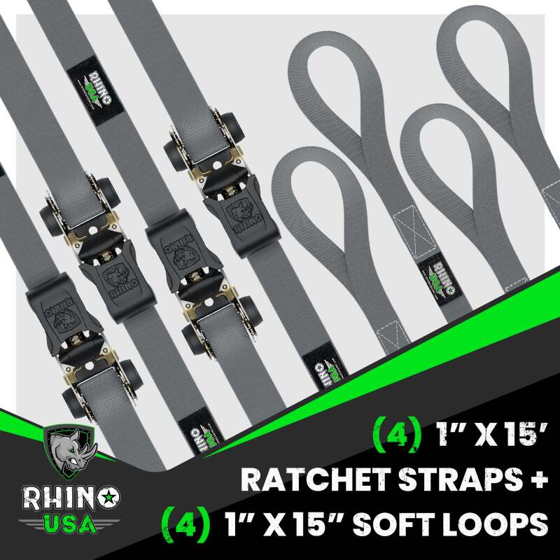 Rhino USA Medium Duty Ratchet Strap Tie-Down 4-Pack (Gray) Cargo Tie-Downs Rhino USA