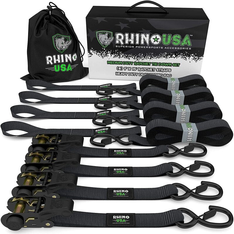 Rhino USA Medium Duty Ratchet Strap Tie-Down 4-Pack (Black) Cargo Tie-Downs Rhino USA