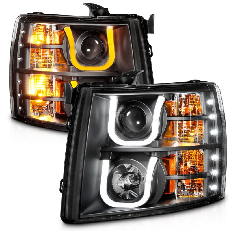 ANZO 2007-2013 Chevrolet Silverado 1500/2500 Projector Headlights w/ U-Bar Switchback Black w/ Amber Headlights ANZO