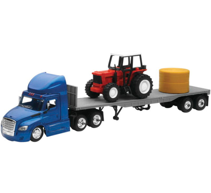 New Ray Toys Freightliner Cascadia Flatbed with Farm Tractor and Round Hay Bale/ Scale - 1:43 Toys New Ray Toys