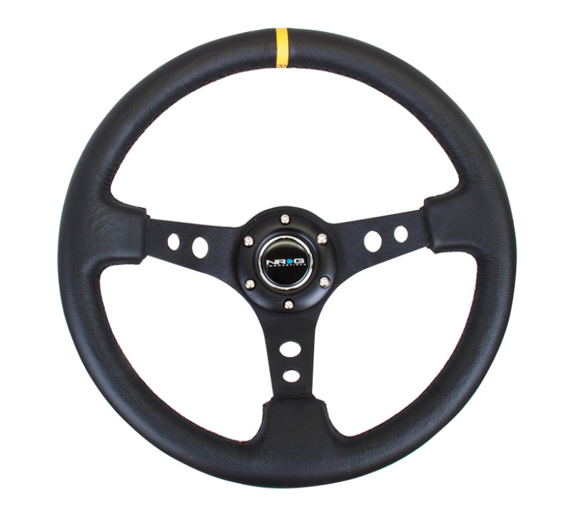 NRG Reinforced Steering Wheel (350mm / 3in. Deep) Blk Leather w/Blk Cutout Spoke/Yellow Center Mark Steering Wheels NRG