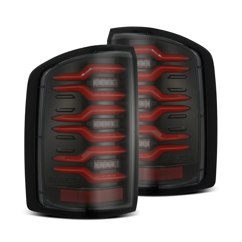 AlphaRex 14-18 GMC Sierra 1500/2500HD/3500HD LUXX-Series LED Tail Lights Blk/Red w/Actv Lgt Seq. Sig Tail Lights AlphaRex
