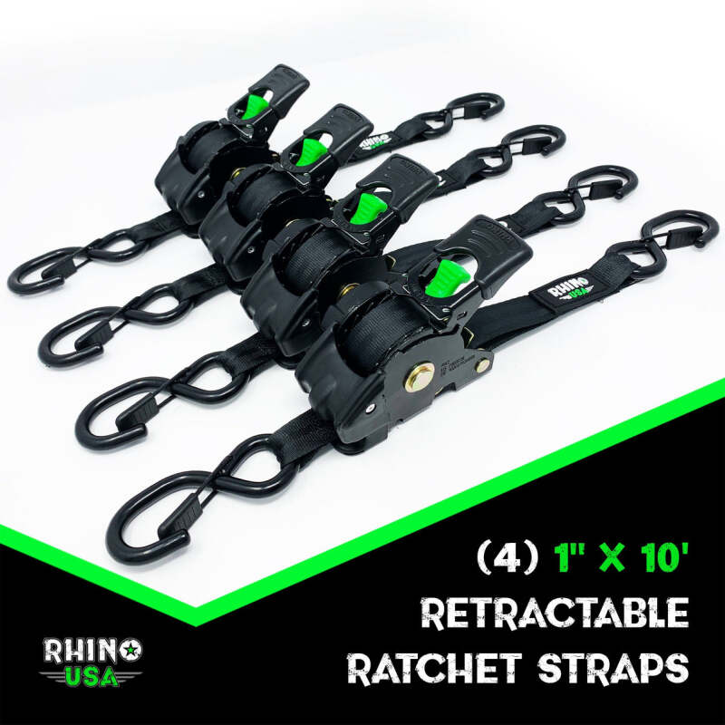 Rhino USA Retractable Ratchet Straps (4Pk 1Inx10Ft) (Gray) Tow Straps Rhino USA