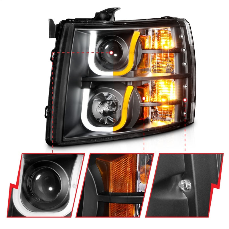 ANZO 2007-2013 Chevrolet Silverado 1500/2500 Projector Headlights w/ U-Bar Switchback Black w/ Amber Headlights ANZO