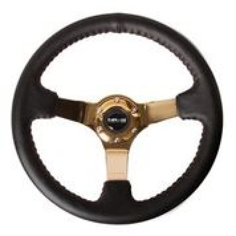 NRG Reinforced Steering Wheel (3in Deep / 4mm) 350mm Blk Leather w/Red BBall Stitch & Gold Spoke Steering Wheels NRG